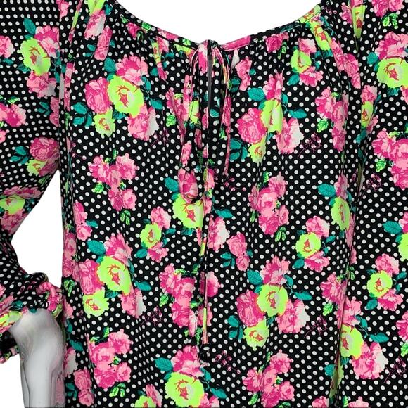 Betsey Johnson Blouse Size M Polka Dot Floral Print Long Sleeve - Picture 3 of 11